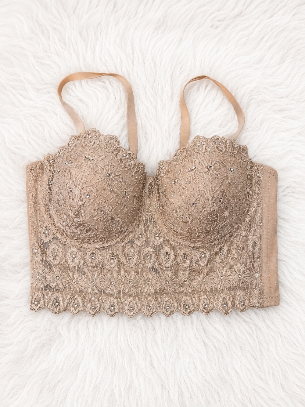 Windsor Nude Lace Longline Bralette Bustier Crop Top Small Beaded Sequin